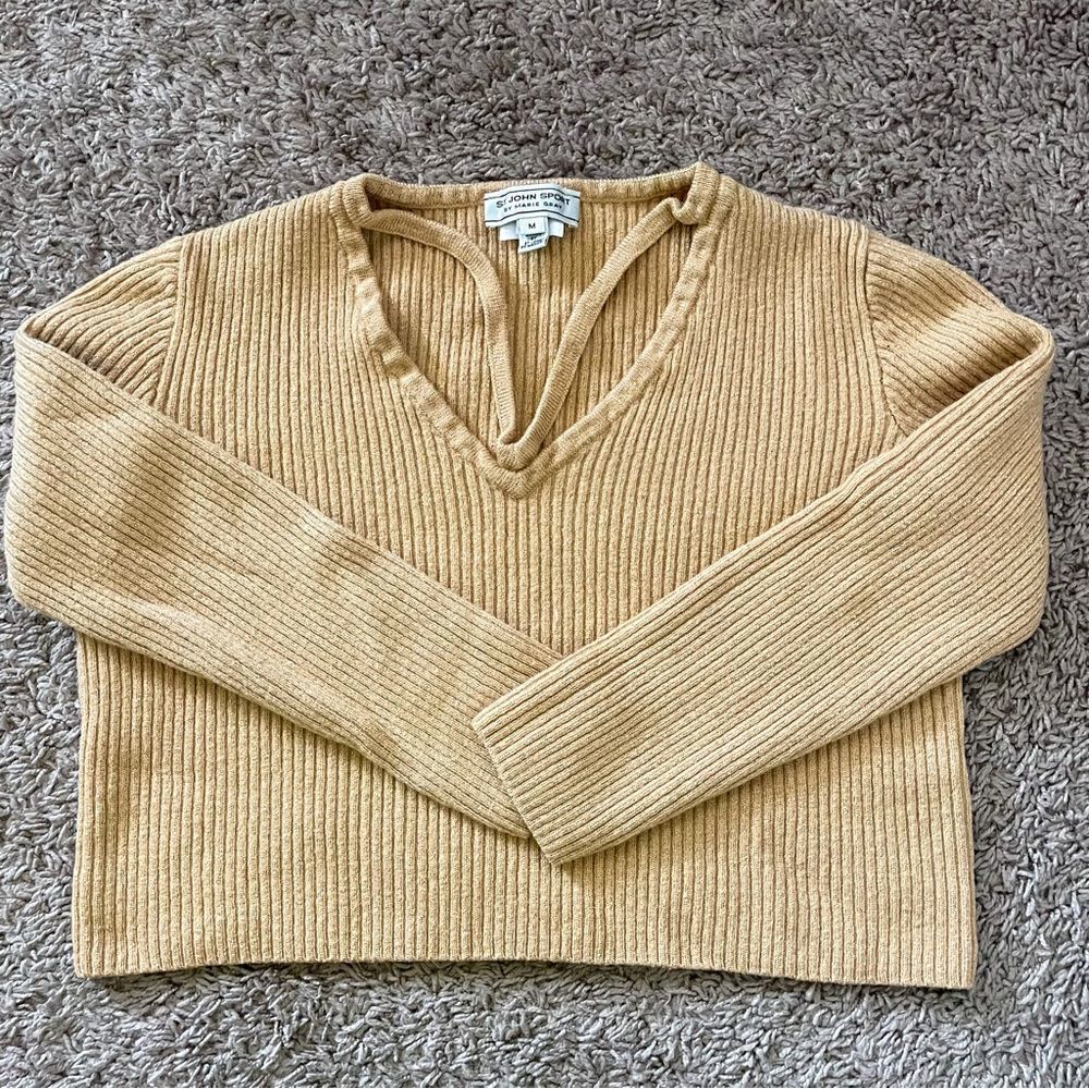Vintage St. John Sport Marie Gray Gold Ribbed Cutout V Neck Sweater M